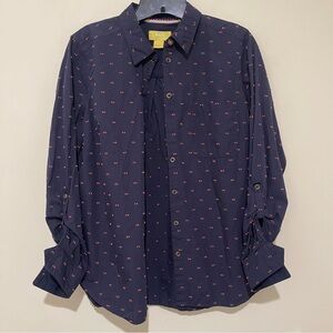 Maeve Anthropologie Dark Blue Shirt with Pink & Yellow Raised Accents